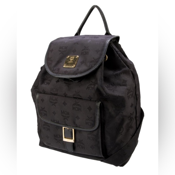 MCM Vintage Black and Gold Hardware Jacquard Classic Drawstring Nylon Backpack - Picture 2 of 11